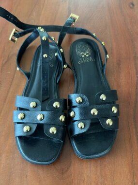 Vince Camuto Women's 7 Black Leather Gold Studded Sandals